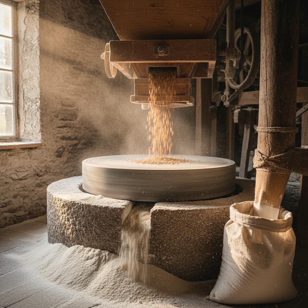 Give me an image of a grain mill grinding flour